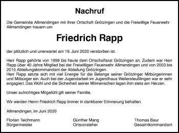 Traueranzeige von Friedrich Rapp von Ehinger Tagblatt