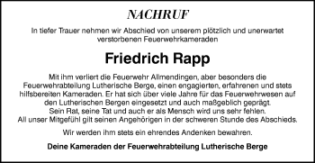 Traueranzeige von Friedrich Rapp von Ehinger Tagblatt