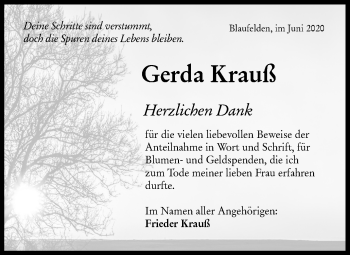 Traueranzeige von Gerda Krauß von Hohenloher Tagblatt