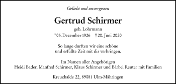 Traueranzeige von Gertrud Schirmer von SÜDWEST PRESSE Ausgabe Ulm/Neu-Ulm