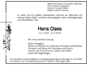 Traueranzeige von Hans Class von Alb-Bote/Metzinger-Uracher Volksblatt