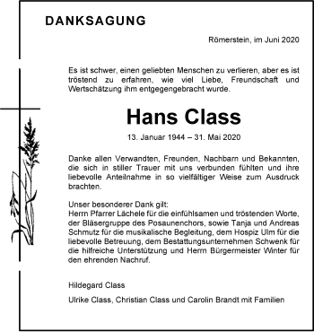 Traueranzeige von Hans Class von Alb-Bote/Metzinger-Uracher Volksblatt