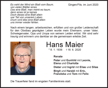 Traueranzeige von Hans Maier von Geislinger Zeitung