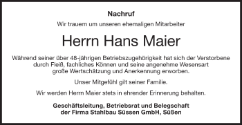 Traueranzeige von Hans Maier von NWZ Neue Württembergische Zeitung/Geislinger Zeitung