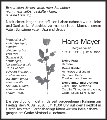 Traueranzeige von Hans Mayer von SÜDWEST PRESSE Ausgabe Ulm/Neu-Ulm