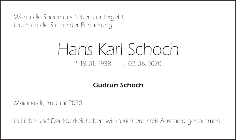  Traueranzeige für Hans Karl Schoch vom 13.06.2020 aus Haller Tagblatt