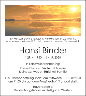 Traueranzeige von Hansi Binder von Geislinger Zeitung