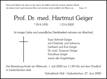 Traueranzeige von Hartmut Geiger von Haller Tagblatt