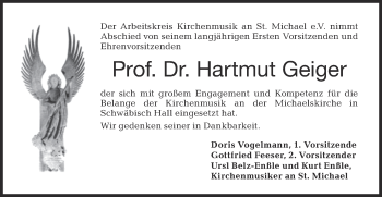 Traueranzeige von Hartmut Geiger von Haller Tagblatt