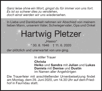 Traueranzeige von Hartwig Pletzer von NWZ Neue Württembergische Zeitung