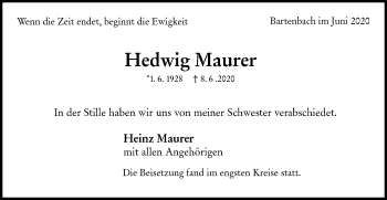 Traueranzeige von Hedwig Maurer von NWZ Neue Württembergische Zeitung