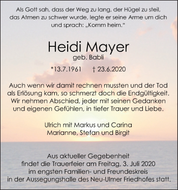 Traueranzeige von Heidi Mayer von SÜDWEST PRESSE Ausgabe Ulm/Neu-Ulm