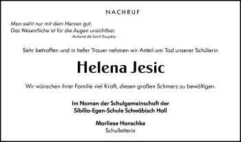 Traueranzeige von Helena Jesic von Haller Tagblatt