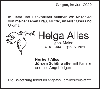 Traueranzeige von Helga Alles von Geislinger Zeitung