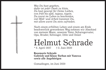 Traueranzeige von Helmut Schrade von Alb-Bote/Metzinger-Uracher Volksblatt