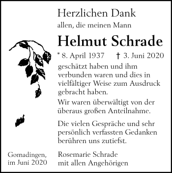 Traueranzeige von Helmut Schrade von Alb-Bote/Metzinger-Uracher Volksblatt