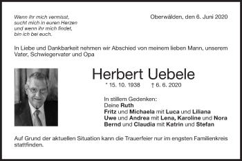 Traueranzeige von Herbert Uebele von NWZ Neue Württembergische Zeitung