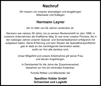 Traueranzeige von Hermann Leyrer von Haller Tagblatt