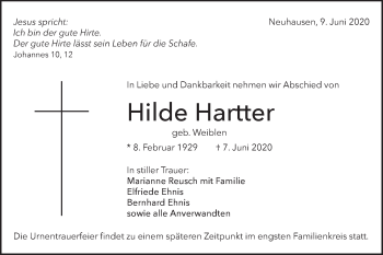 Traueranzeige von Hilde Hartter von Metzinger-Uracher Volksblatt