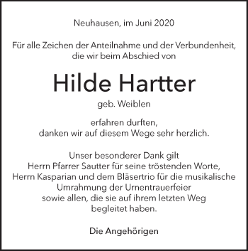 Traueranzeige von Hilde Hartter von Metzinger-Uracher Volksblatt