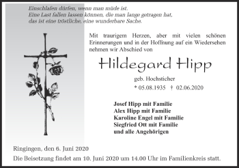 Traueranzeige von Hildegard Hepp von Hohenzollerische Zeitung