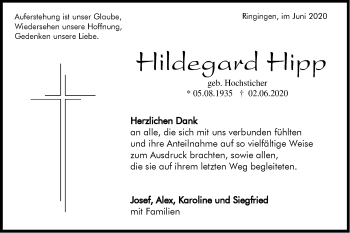 Traueranzeige von Hildegard Hipp von Hohenzollerische Zeitung