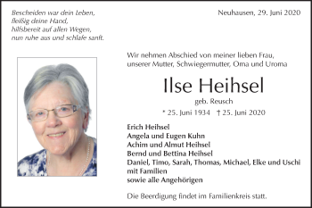 Traueranzeige von Ilse Heihsel von Metzinger-Uracher Volksblatt