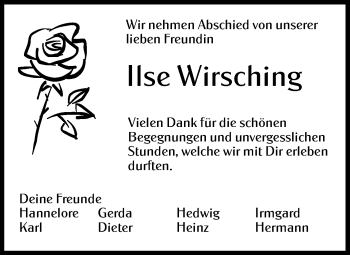 Traueranzeige von Ilse Wirsching von Hohenloher Tagblatt