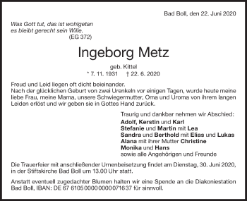 Traueranzeige von Ingeborg Metz von NWZ Neue Württembergische Zeitung