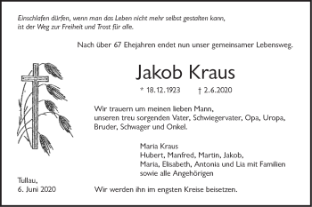 Traueranzeige von Jakob Kraus von Haller Tagblatt