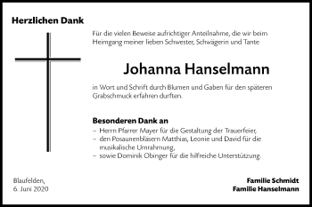 Traueranzeige von Johanna Hanselmann von Hohenloher Tagblatt