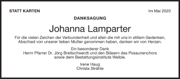 Traueranzeige von Johanna Lamparter von Metzinger-Uracher Volksblatt