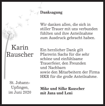 Traueranzeige von Karin Rauscher von Alb-Bote/Metzinger-Uracher Volksblatt