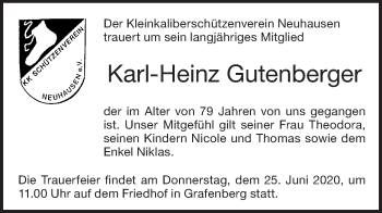 Traueranzeige von Karl-Heinz Gutenberger von Metzinger-Uracher Volksblatt