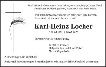 Traueranzeige von Karl-Heinz Locher von Ehinger Tagblatt