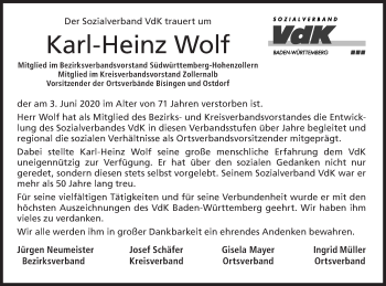 Traueranzeige von Karl-Heinz Wolf von Hohenzollerische Zeitung