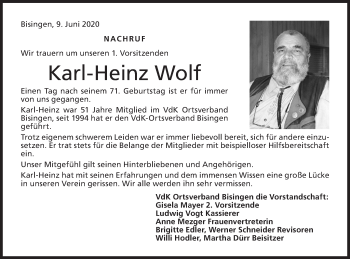 Traueranzeige von Karl-Heinz Wolf von Hohenzollerische Zeitung