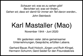 Traueranzeige von Karl Mastaller von SÜDWEST PRESSE Ausgabe Ulm/Neu-Ulm