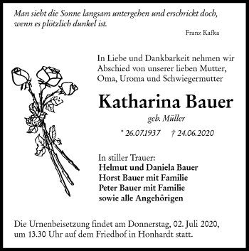 Traueranzeige von Katharina Bauer von Hohenloher Tagblatt