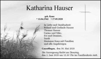 Traueranzeige von Katharina Hauser von Hohenzollerische Zeitung