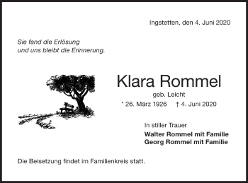 Traueranzeige von Klara Rommel von Ehinger Tagblatt