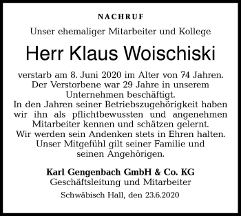 Traueranzeige von Klaus Woischiski von Haller Tagblatt