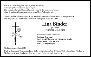 Traueranzeige von Lina Binder von Hohenloher Tagblatt