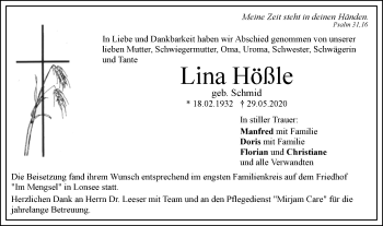 Traueranzeige von Lina Hößle von SÜDWEST PRESSE Ausgabe Ulm/Neu-Ulm