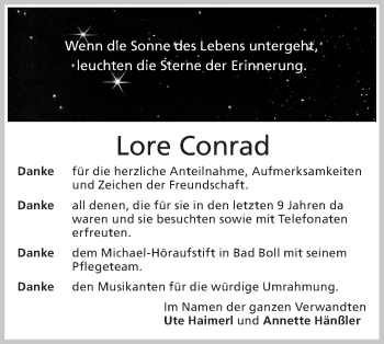 Traueranzeige von Lore Conrad von NWZ Neue Württembergische Zeitung