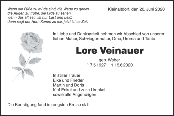 Traueranzeige von Lore Veinauer von Haller Tagblatt