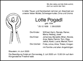 Traueranzeige von Lotte Pogadl von SÜDWEST PRESSE Ausgabe Ulm/Neu-Ulm