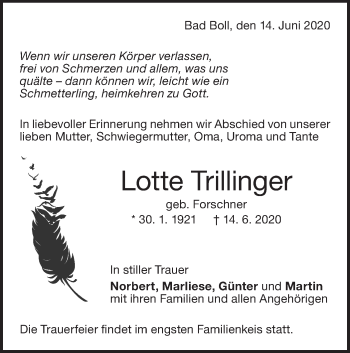 Traueranzeige von Lotte Trillinger von NWZ Neue Württembergische Zeitung