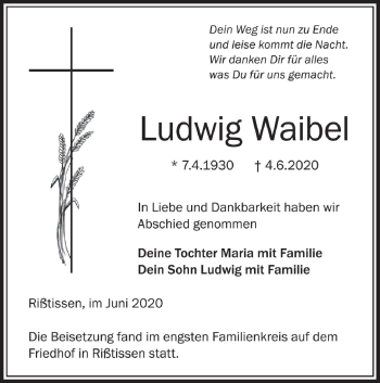 Traueranzeige von Ludwig Waibel von Ehinger Tagblatt