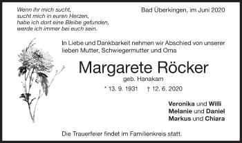 Traueranzeige von Margarete Röcker von Geislinger Zeitung